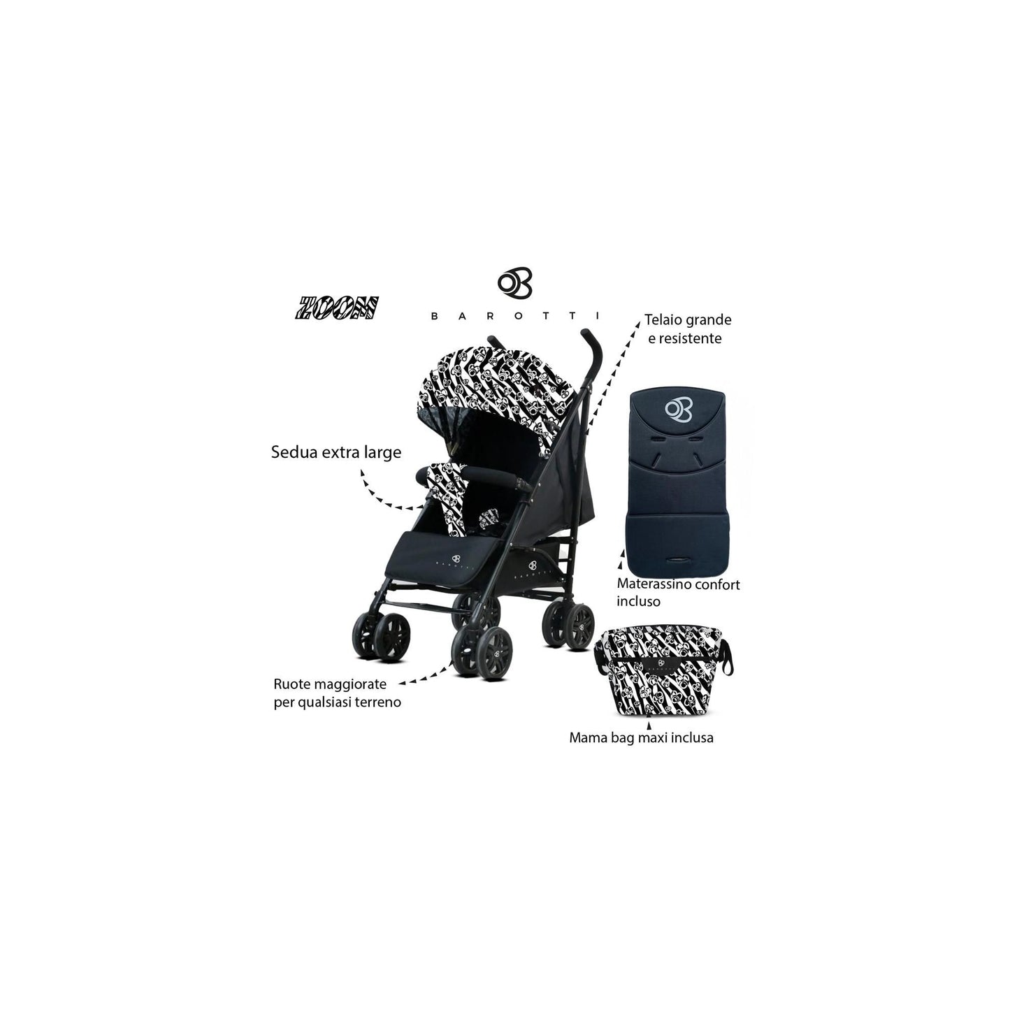 Passeggino Leggero Barotti Zoom con Borsa e Materassino Relax Black/White