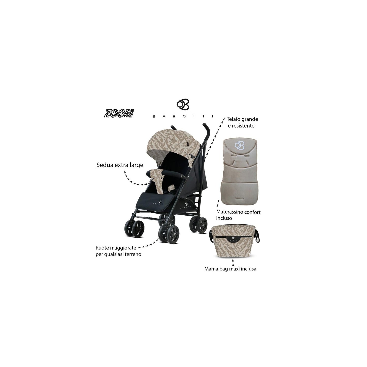 Passeggino Leggero Barotti Zoom con Borsa e Materassino Relax Beige