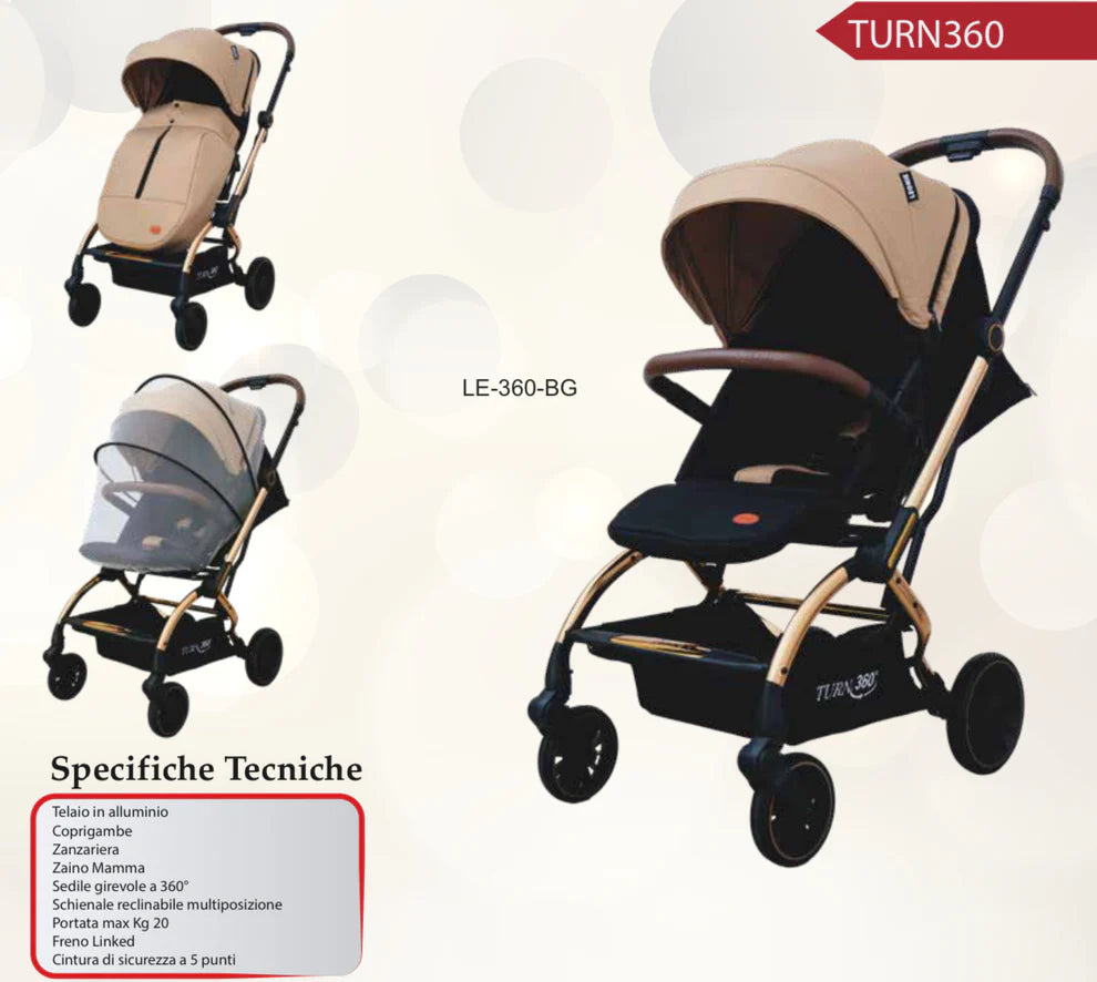 Passeggino Leonie Turn 360 Fronte Mamma e Fronte Strada con Coprigambe, Zaino e Zanzariera Vari Colori Omologato 0/22kg