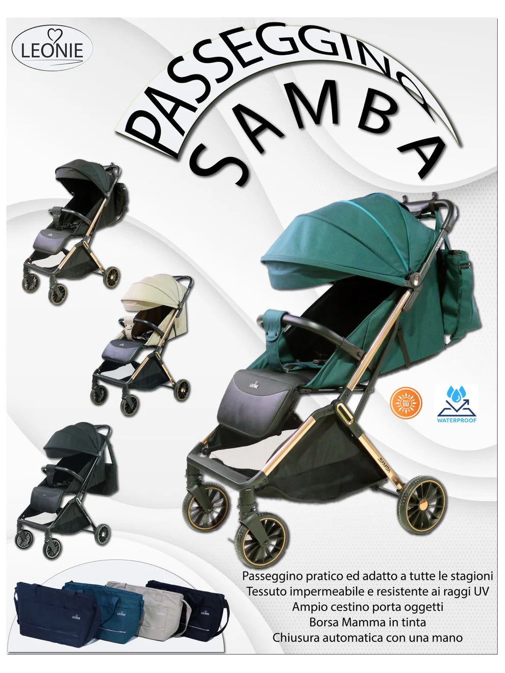 Passeggino Leggero Leonie Samba Chiusura Automatica Completo di Borsa Omologato 0/22kg Vari Colori NERO
