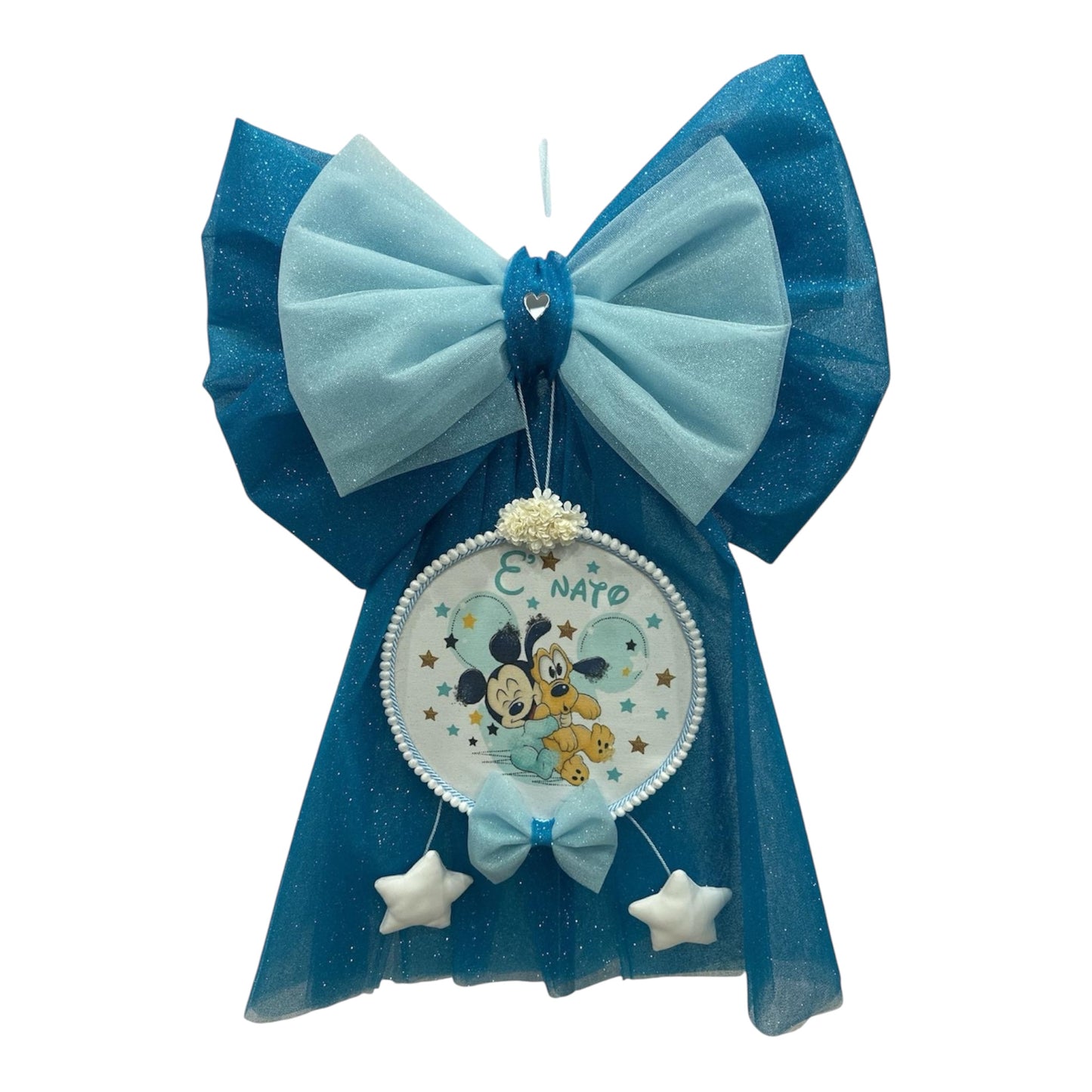 Coccarda Nascita Doppio Fiocco Glitterato 80Cm