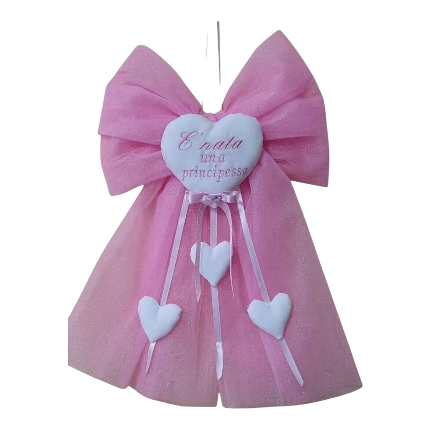 Coccarda Fiocco + Cuore in Tulle Rosa 60cm