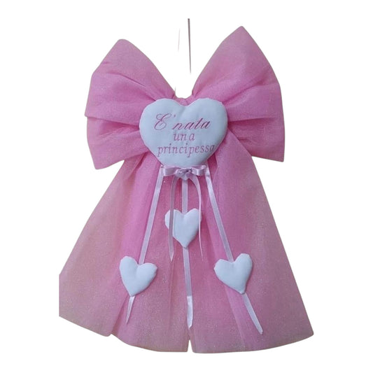 Coccarda Fiocco + Cuore in Tulle Rosa 60cm