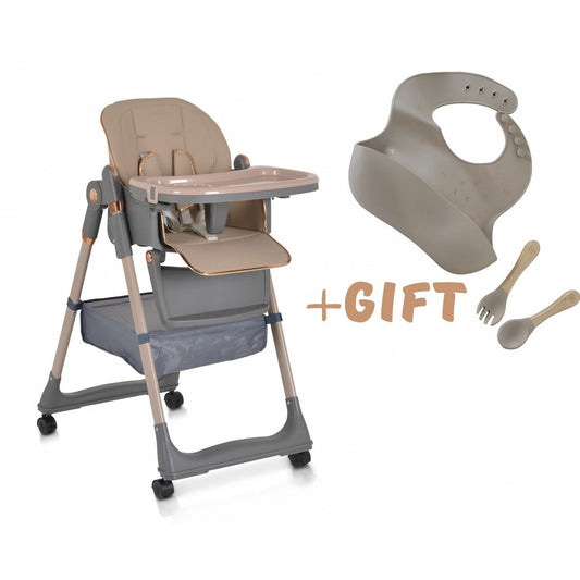 Sediolone Pappa Moni Lindo Beige + Bavaglino e Posate in Silicone Omaggio
